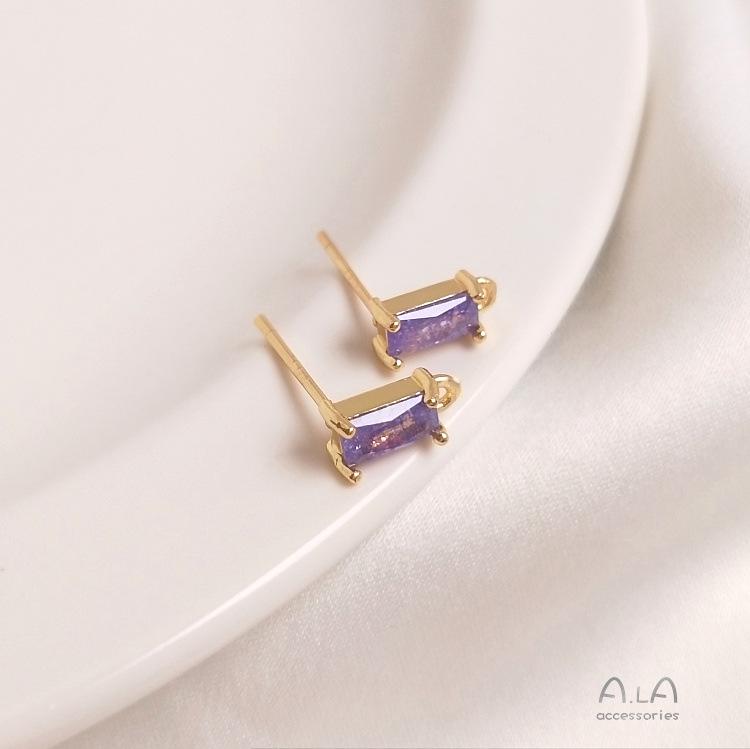 14K Gold-Plated Silver Studs with Rectangular Zircon and Colorful Hanging Ear Pins for DIY Accessories