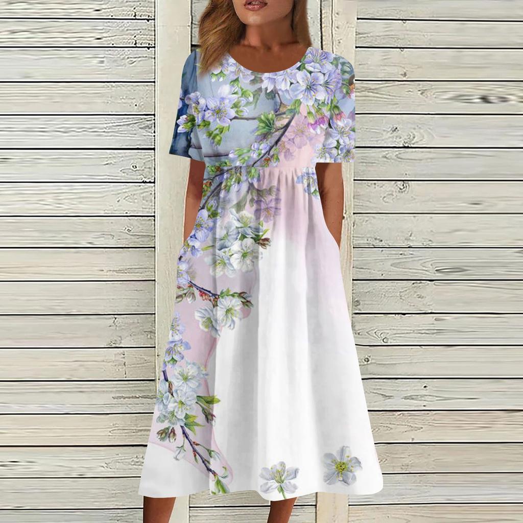 Fritidskjoler for kvinner Trykte kjoler Sommerkjoler Trykt plisserte midikjoler Basic Classic Outdoor Daglig Kortermede løse kjoler