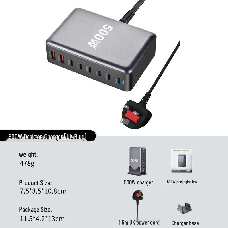 500W GaN PD Multi-Port USB Fast Charger Desktop Station