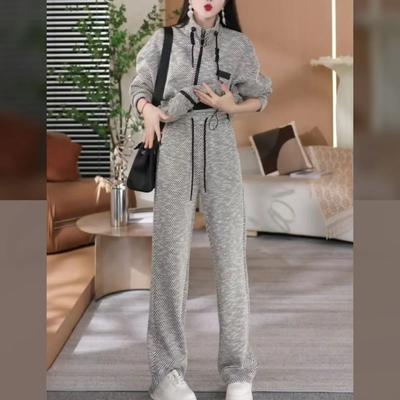 Spring and Autumn Women's Casual Striped Top Sports Two-piece Set for Loose and Slim Wide Leg Pants Set