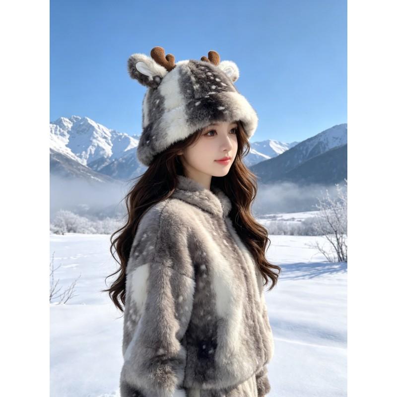 Fuzzy Reindeer Antler Beanie Hat Women Men Winter Warm Ear Protection Fisherman Cap Cute Animal Style