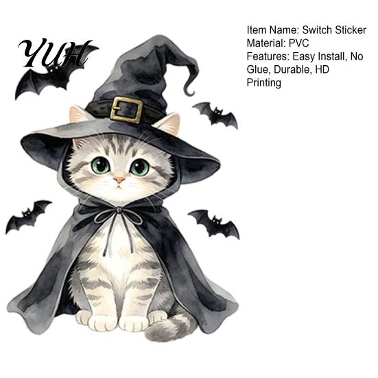 Self Adhesive Light Switch Skins Halloween Wizard Cat & Bat Sticker, Self-Adhesive Decal, Spooky Cute Room Decor Removable Wall for Bedroom