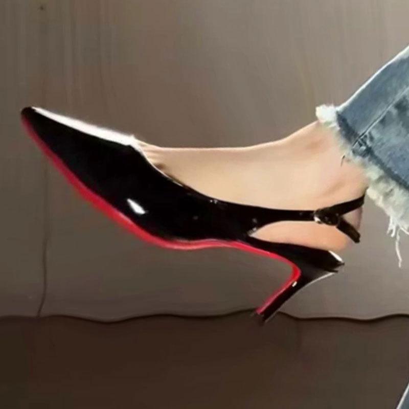 New Red Background, Black Patent Leather Pointed Tip Thin Heel Royal Sister Sexy High Heels Femininity Bag Head Sandals