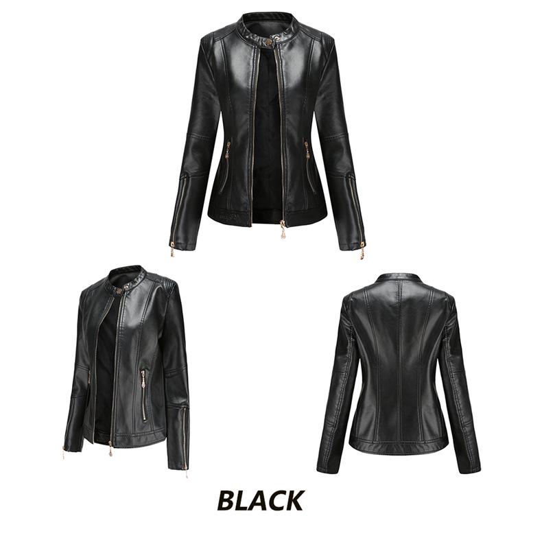 Women's Navy Blue Stand Collar PU Leather Jacket - Lightweight Spring/Autumn Fashion Coat