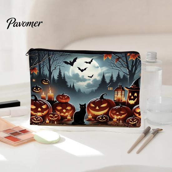 Wear-resistant Storage Bag Bag, with Smooth Zipper, Thickened Polyester Large Capacity Reusable Cosmetic Halloween Witch Pumpkin Pattern Printed Pouch