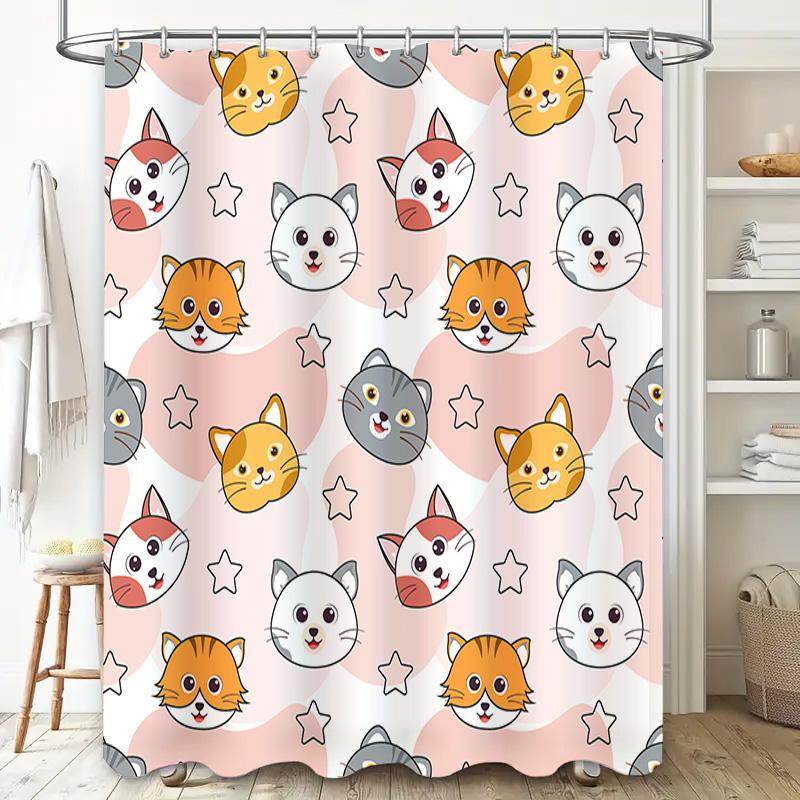 Cute Cat Pattern Shower Curtain Waterproof Washable Polyester Bathroom Decor Home Accessories Customizable Size Available