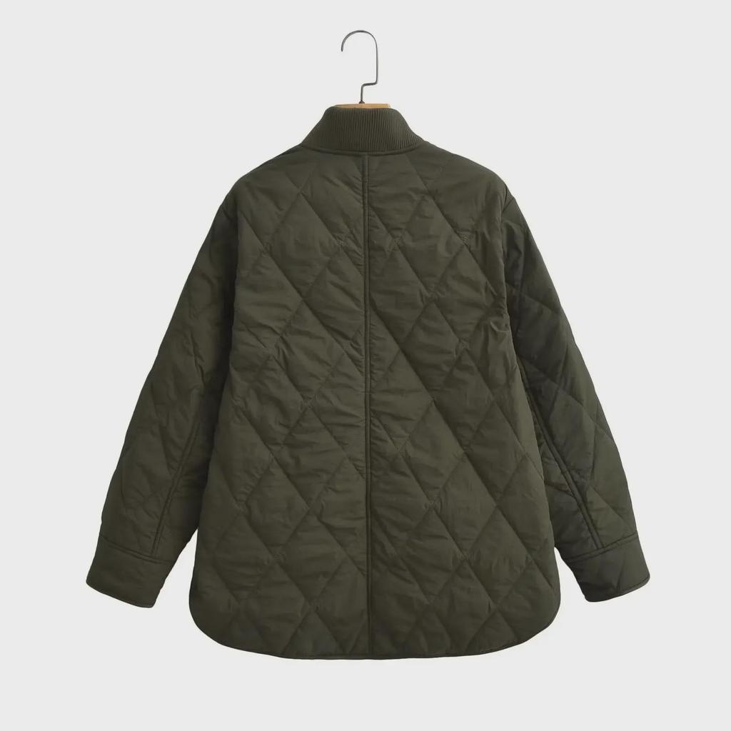 2023 Winter Women's Solid Color Diamond Grid Loose Cotton Jacket with Stand Collar