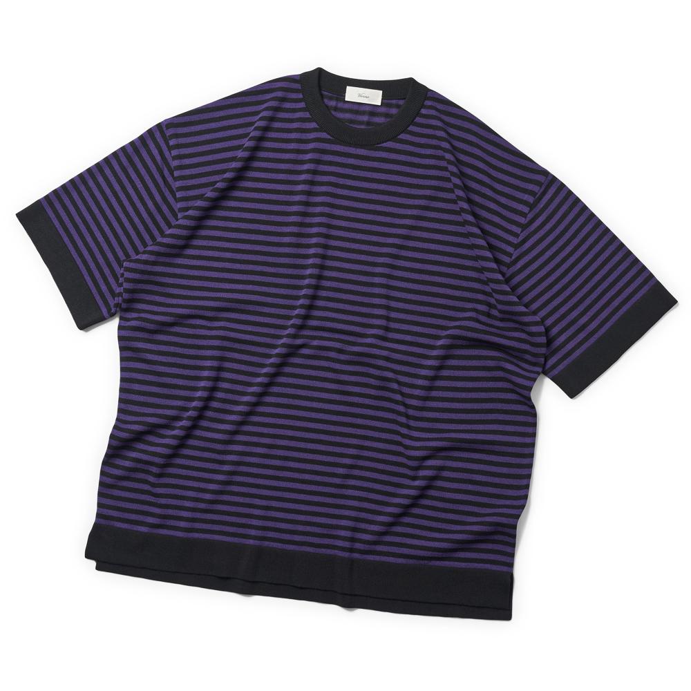 Berno [Casual] Linen Like Short Sleeve Stripe Round Knit Black&Pupple M