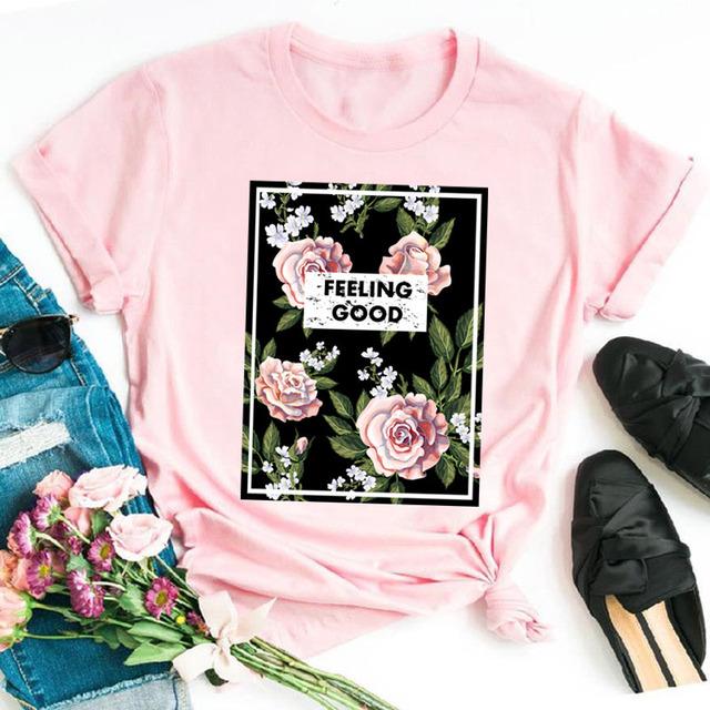 Fashion Women T Shirt Flower Printed T Shirt Casual Black Tops 90s Ladies Girl Tee Shirt Female Harajuku Graphic T -Shirt