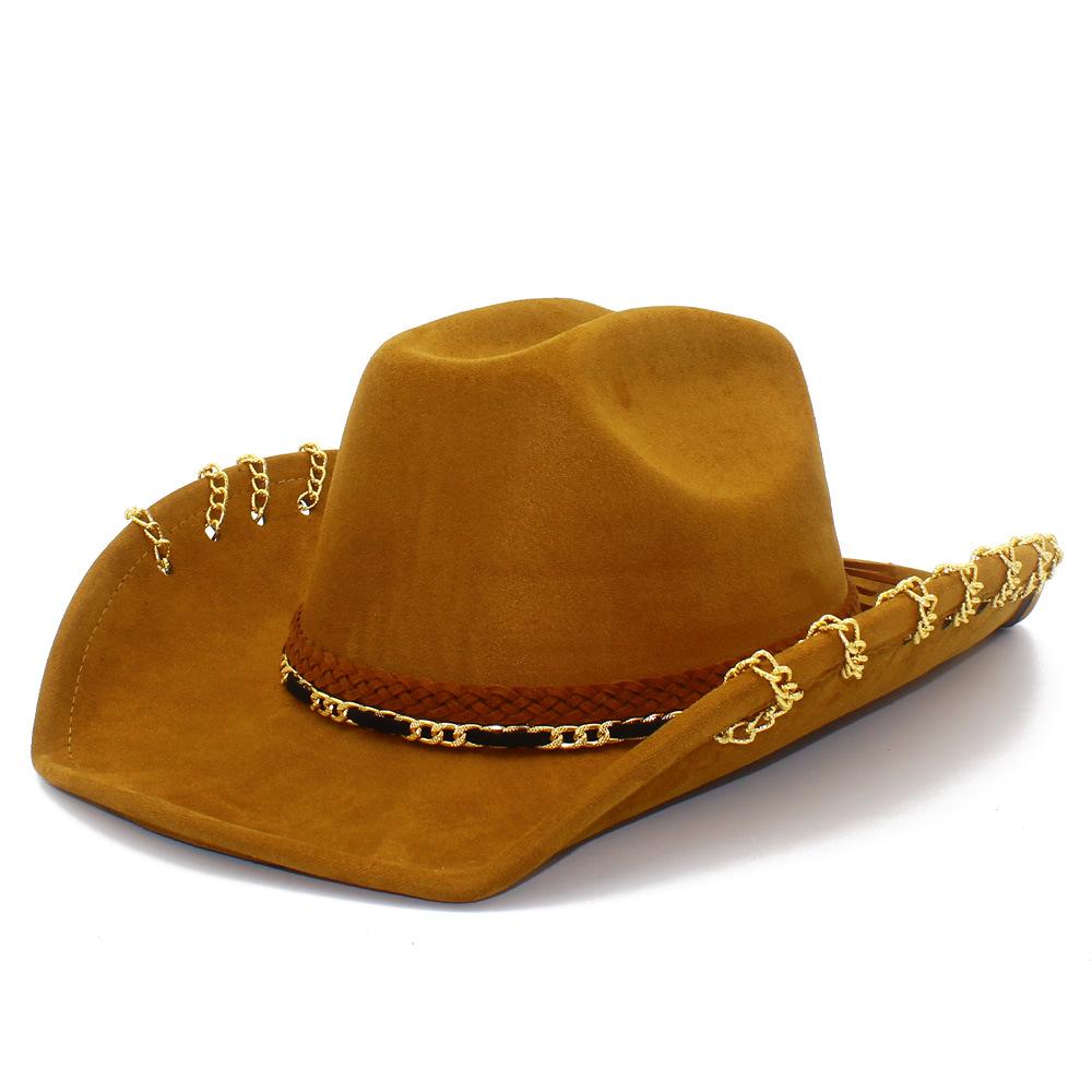 Yeni trend havalı metal zincirli western kovboy şapkası moda geniş kenarlı güneş şapkası süet caz şapkası