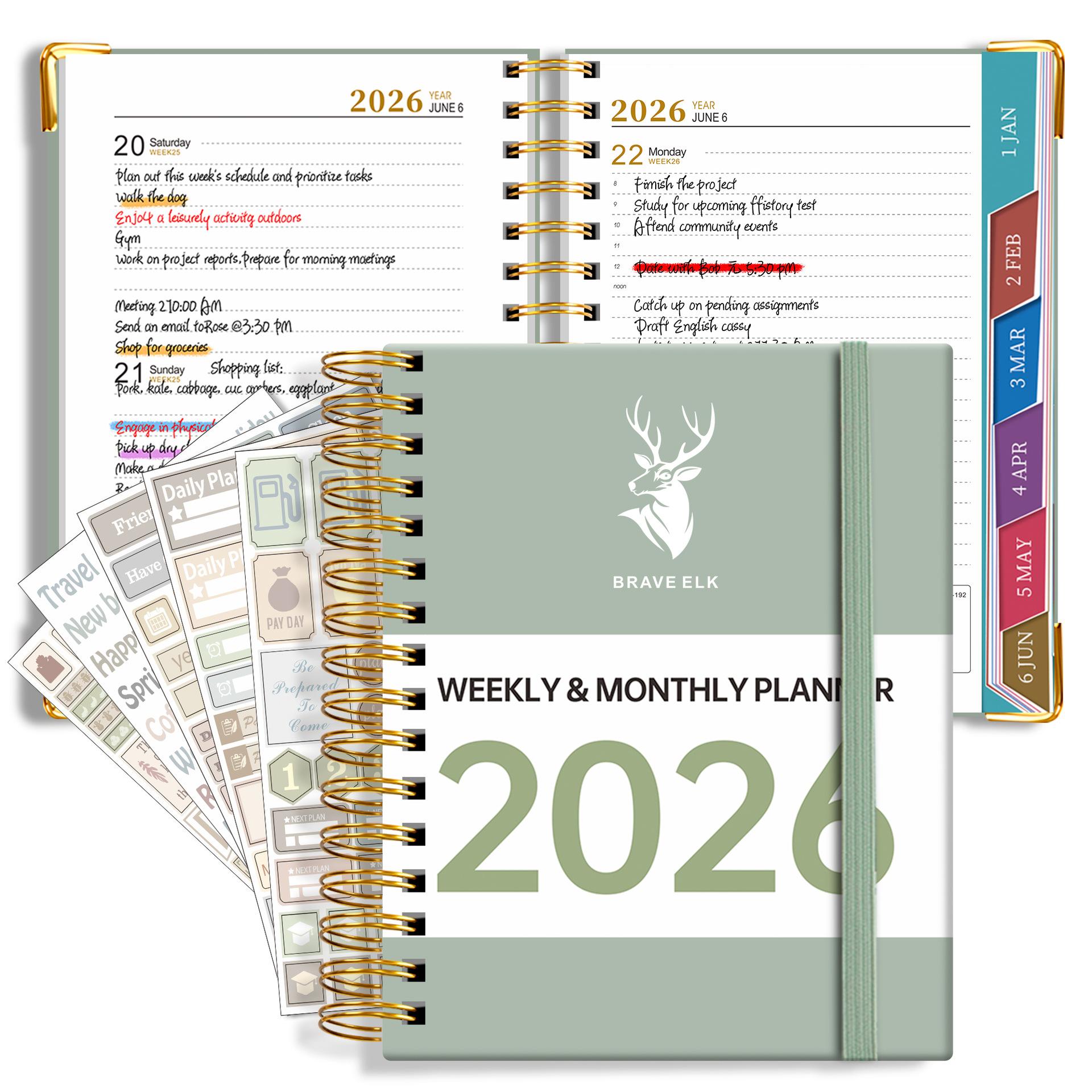 

2026 Planner, Weekly and Monthly Plans, A5 Size, 12 Months Label Green зелений