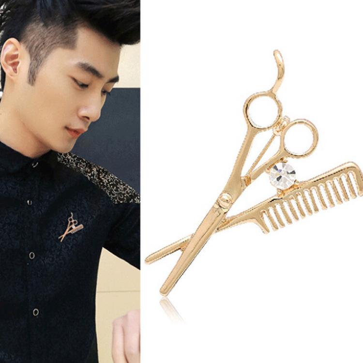Men's Korean Barber Brooch: Diamond Scissors and Comb Pin for Suits and Ties