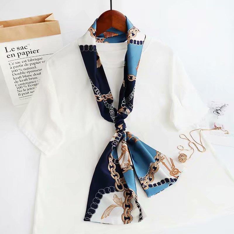 Luxury Silk Long Scarf Women Bag Handle Ribbon Ladies Plaid Print Headband Small Hair Scarves Band Female Handkerchief