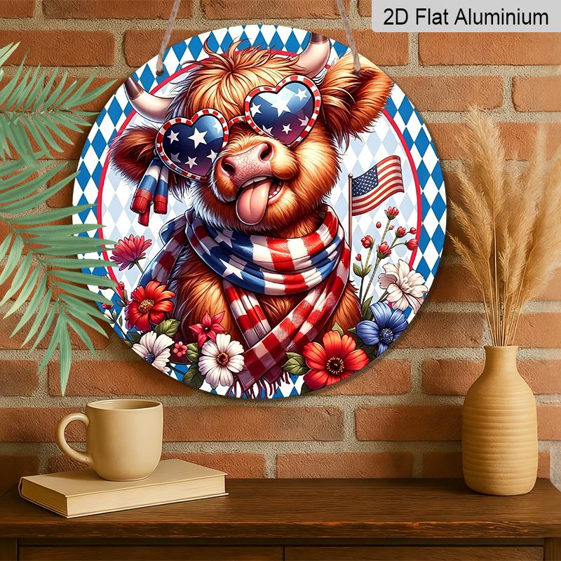 2D Flat, 1pc Patriotic Highland Cow Metal Wall Decor - Flag Colors (Red, ) - Heavy-Duty Aluminum Plate - Round Decoration for 4th of July, Father'S
