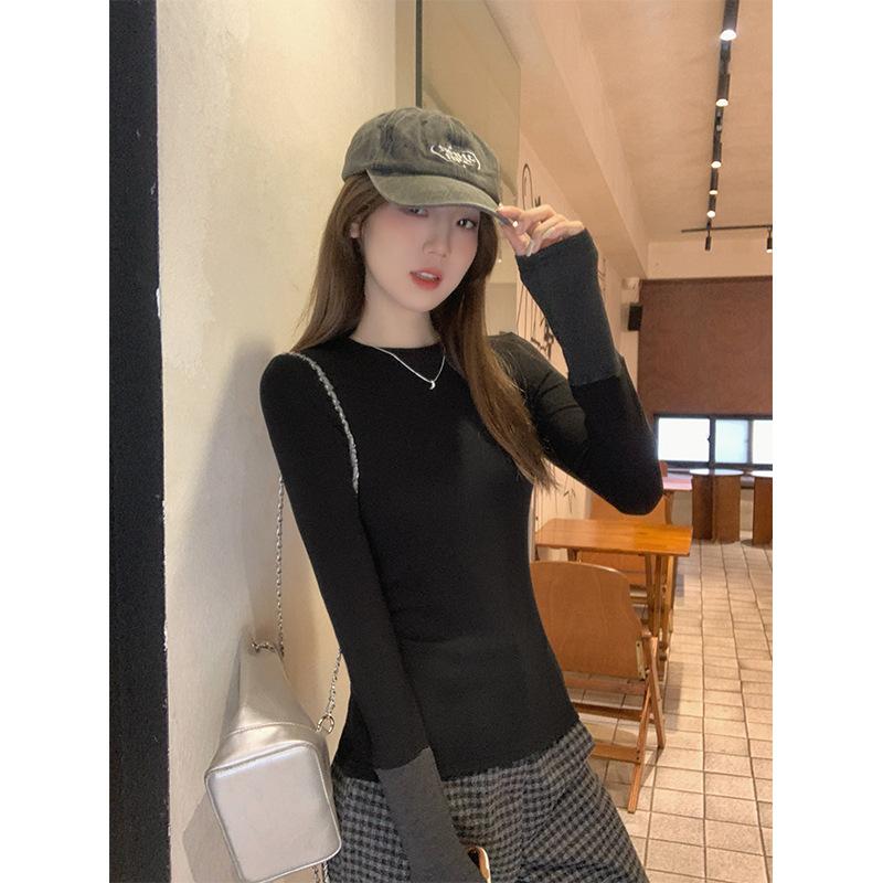 Autumn and winter design contrasting color splicing round neck cashmere versatile long-sleeved bottoming shirt for women layered with petite tops