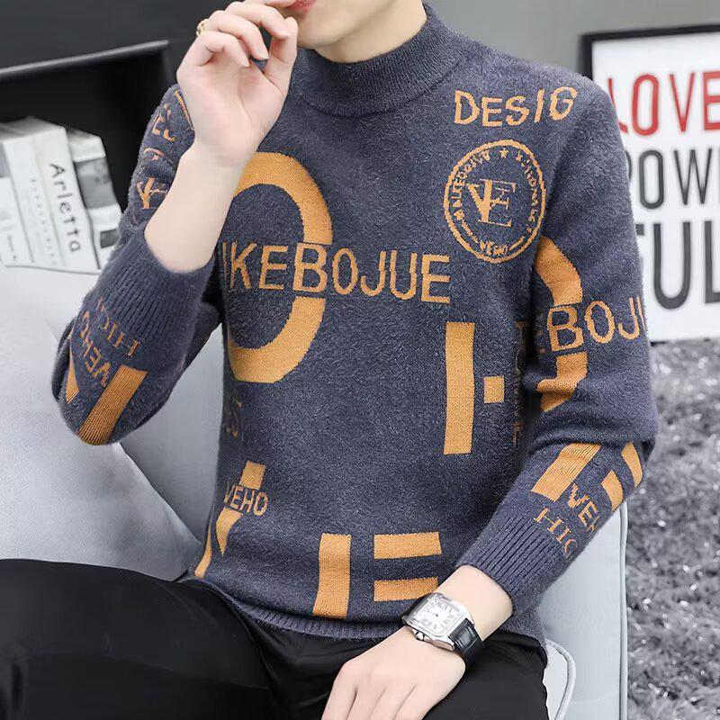 Men s Mink Velvet Half-High Collar Knitted Sweater: Warm, Trendy, Plus Velvet for Autumn/Winter. L