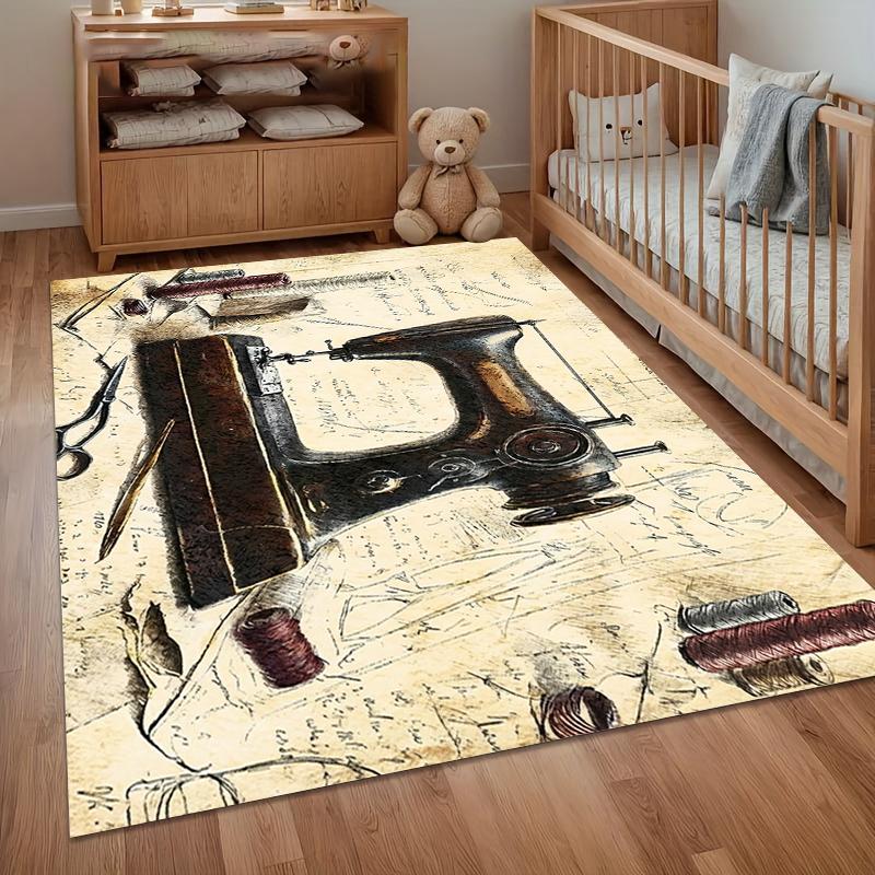 Vintage Sewing Machine Area Rug Decorative Carpet for Sewing Room Bedroom Livingroom Non-Slip Washable Floor Mat Retro Decor