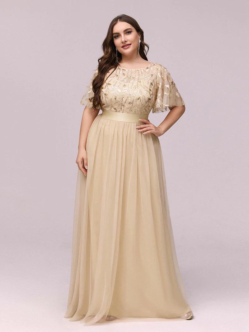 Elegant Plus Size Sequin Embroidered Evening Gown with Mesh Hem XXL хаки