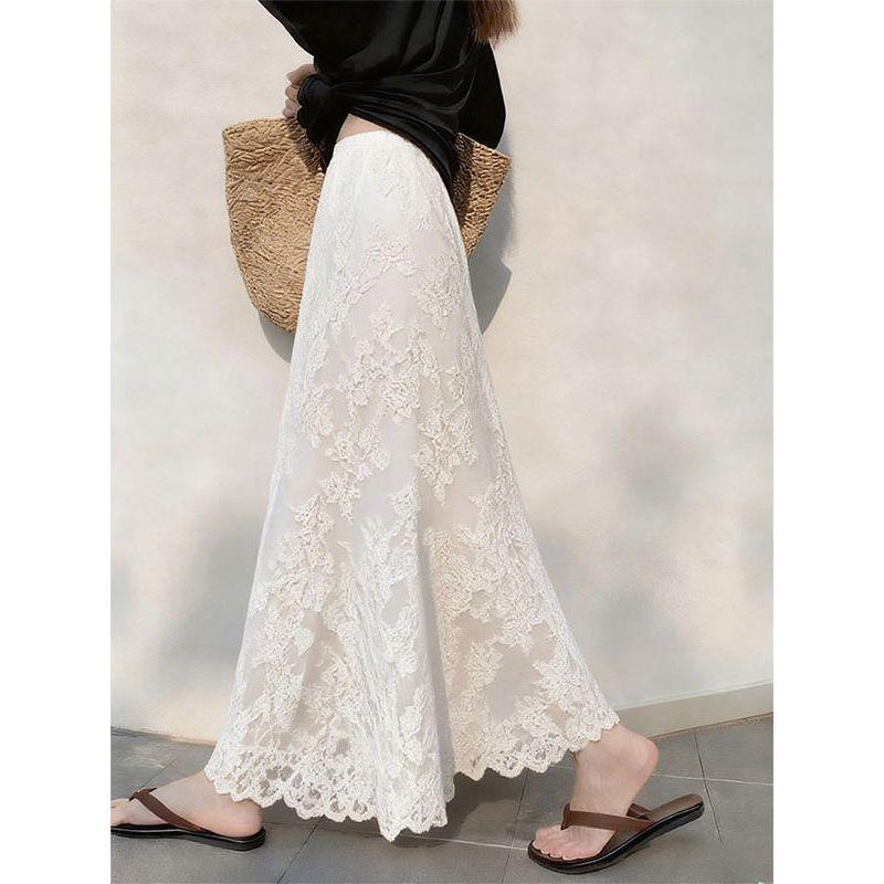 Spring Unique Design, Chic and Elegant White Lace Skirt with a Draping Effect, High-Waisted Slimming A-Line Long Skirt for Women