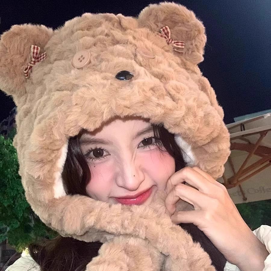 Cartoon bear plush hat autumn and winter scarf hat integrated thickened windproof warm scarf