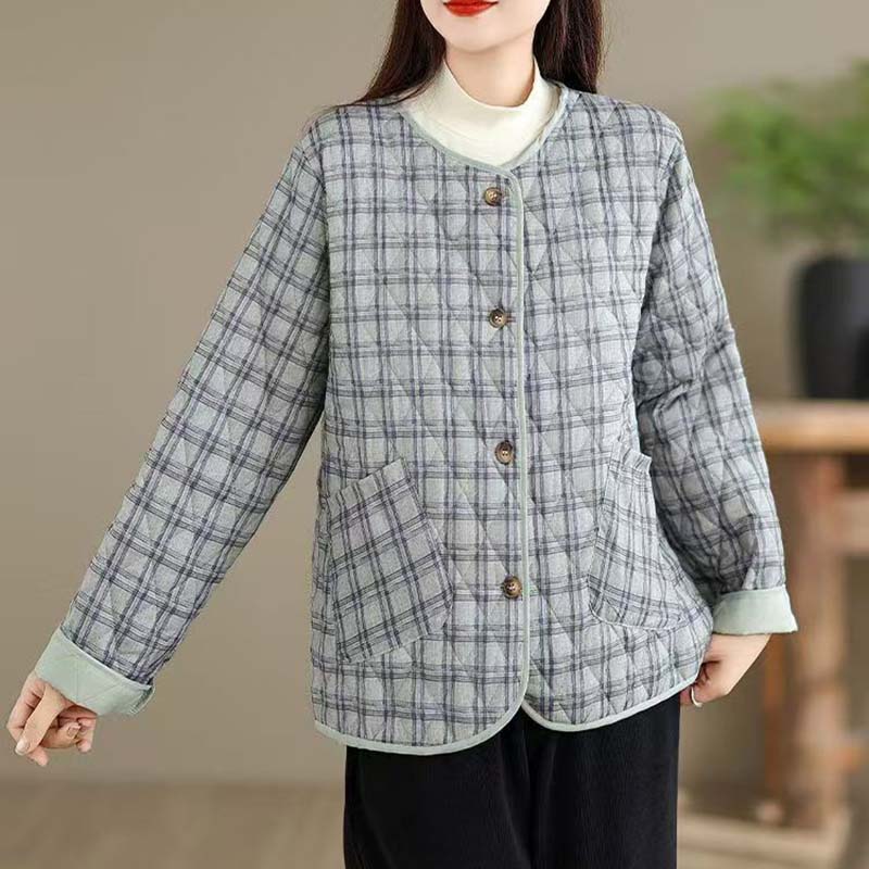 Coat for Women Cototn Thickened Autumn Winter Windbreaker Plaid Oversize Casual Jacket