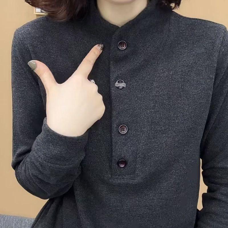 Women's Advanced Grey Slimming Long Sleeve Top - Belly Covering, Warm, Age-Reducing, Trendy Autumn/Winter Fashion.