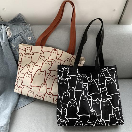 Women Canvas Bag Cat Pattern Zipper Design Tote Bag Large Capacity Japanese Style Lightweight Shoulder Bag
