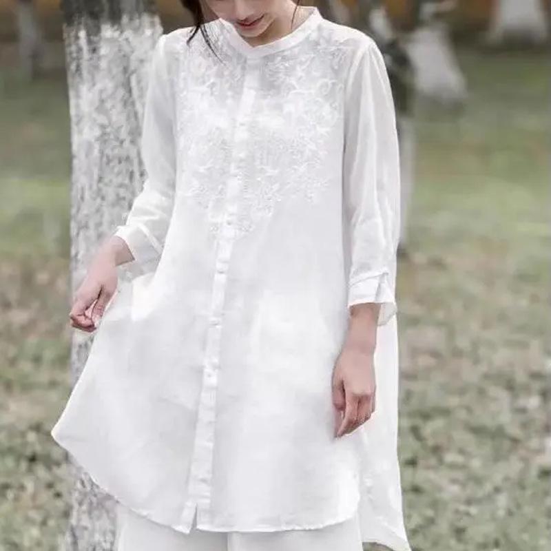 Women's 2024 Retro Embroidered Cotton Linen Stand Collar Mid-Length Shirt-Coat