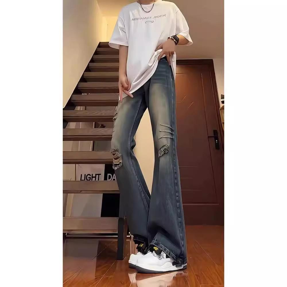Semi-elastic jeans men's and women's summer thin ripped pants American high street vibe straight-leg micro-pull pants