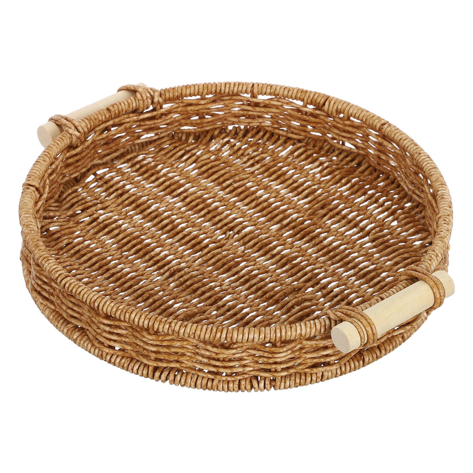 

27Cm Round Woven Rattan Tray with Handles Imitation Rattan Storage Serving Basket for Bread Snacks Drinks Fruits Home Decor жёлтый