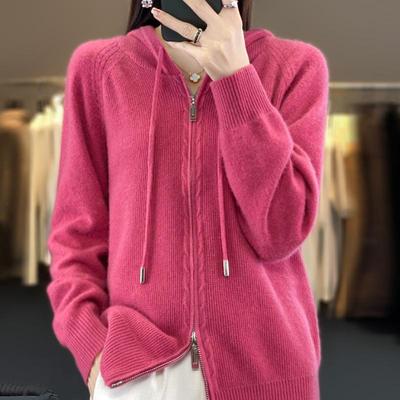 Double Zipper Hooded Cardigan for Women In Autumn and Winter Trendy Versatile Warm Knitted Jacket Versatile Long-sleeved Sweatshirt
