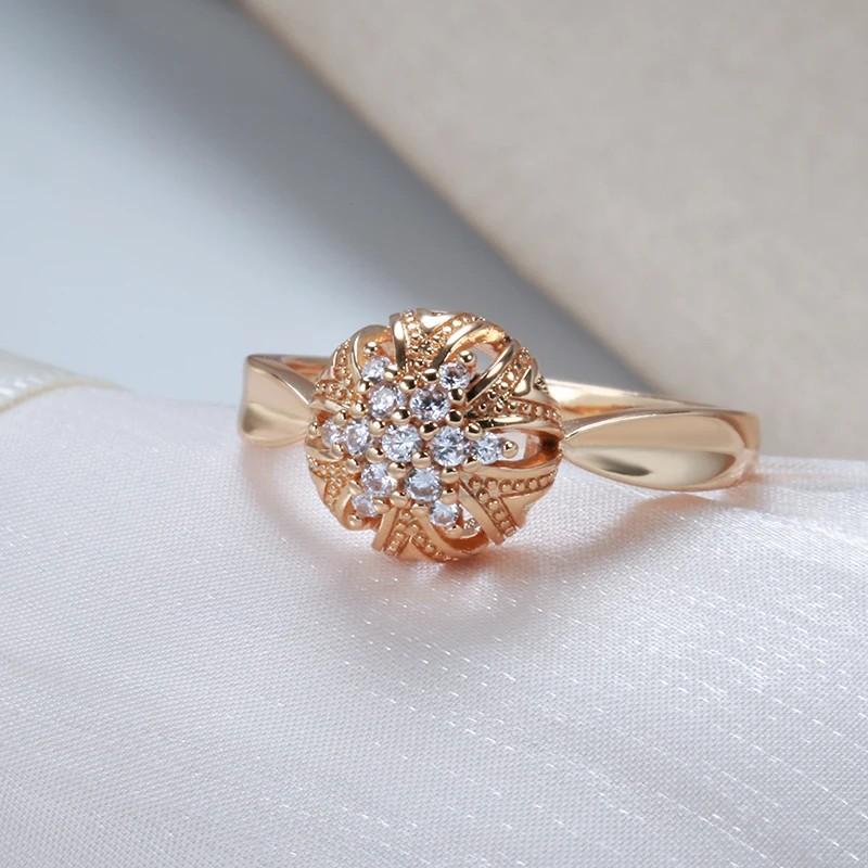 Unique  Rose Gold Color Crystal Flower Ring For Women Luxury Natural Zircon Accessories Ethnic Vintage Daily Jewelry