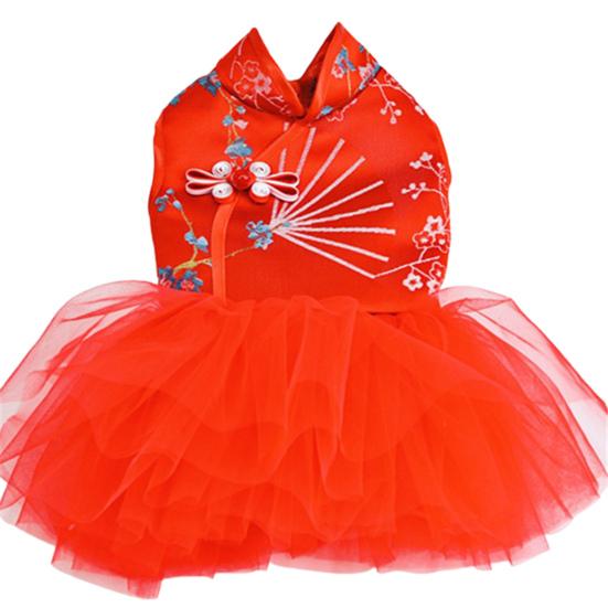 

Костюм Тан для питомца в китайском стиле, нарядный, приятный к коже, ципао из тюля для собак на Новый год S красный