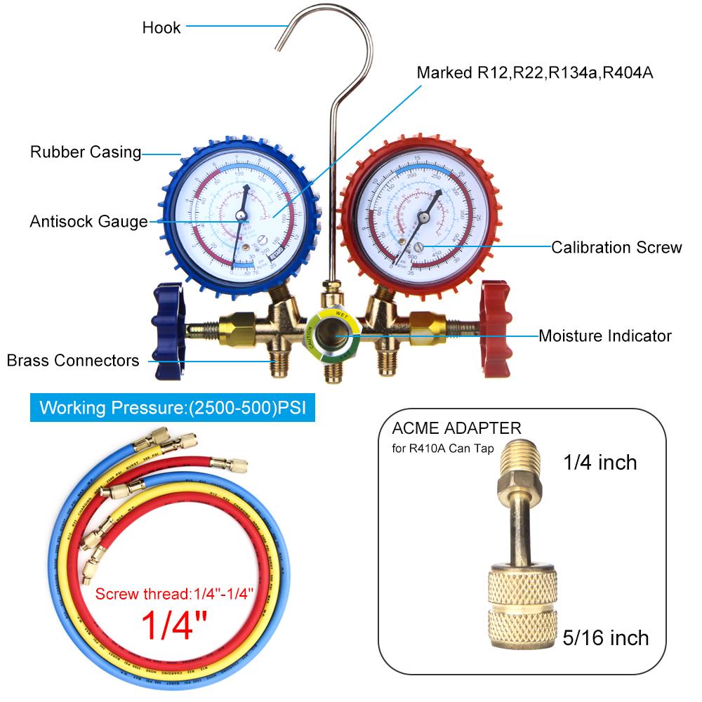 R134a Air Conditioning Pressure Gauge with Hose and Hook 3 Way AC Diagnostic Manifold Gauge Set Freon For R12 R22 R404A R134a