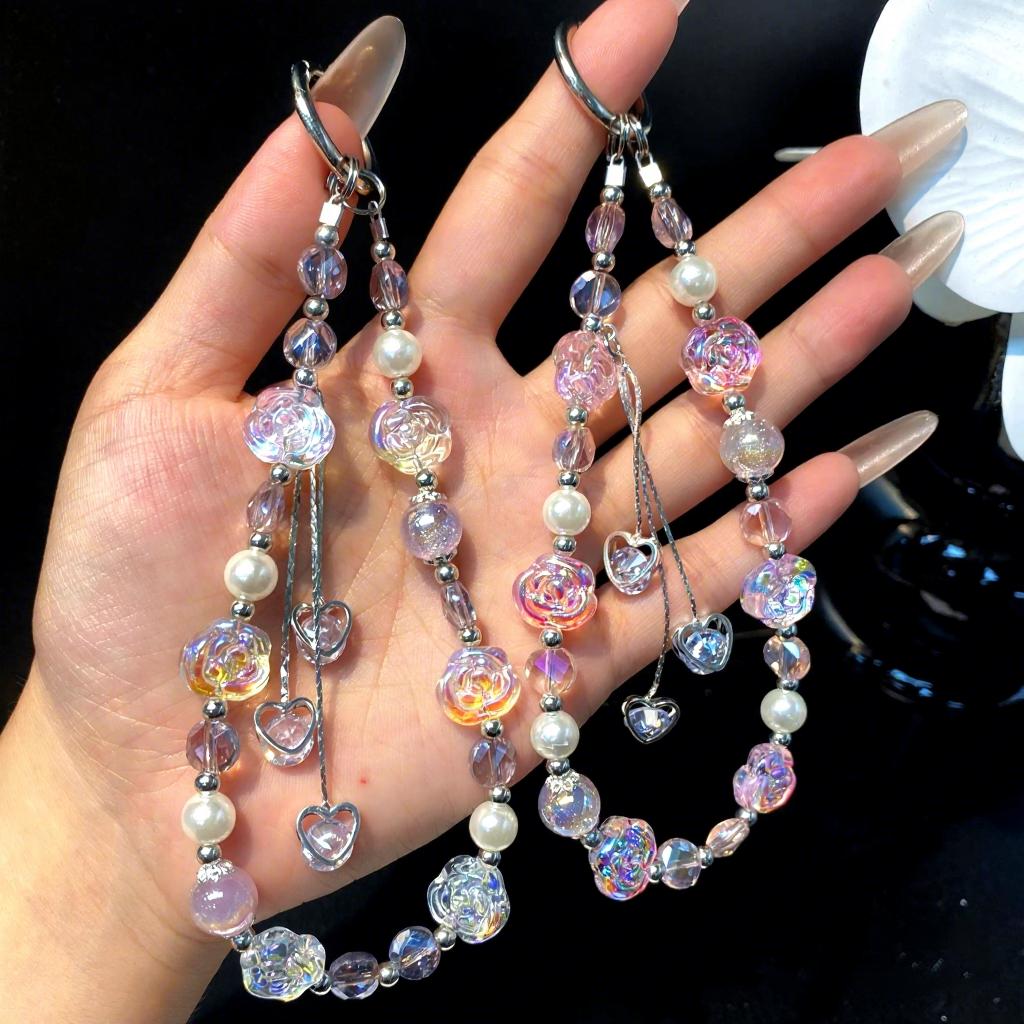 Fashionable Rose Flower Heart-Shaped Tassel Phone Chain Customizable Women's Bag Keychain Anti-Loss Crystal Beaded Lanyard