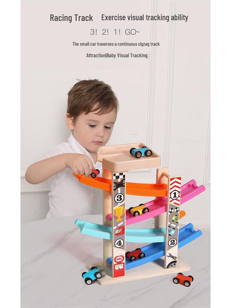 Children's Wooden Multi-Layer Racing Track Toy with Inertial Glider Cars