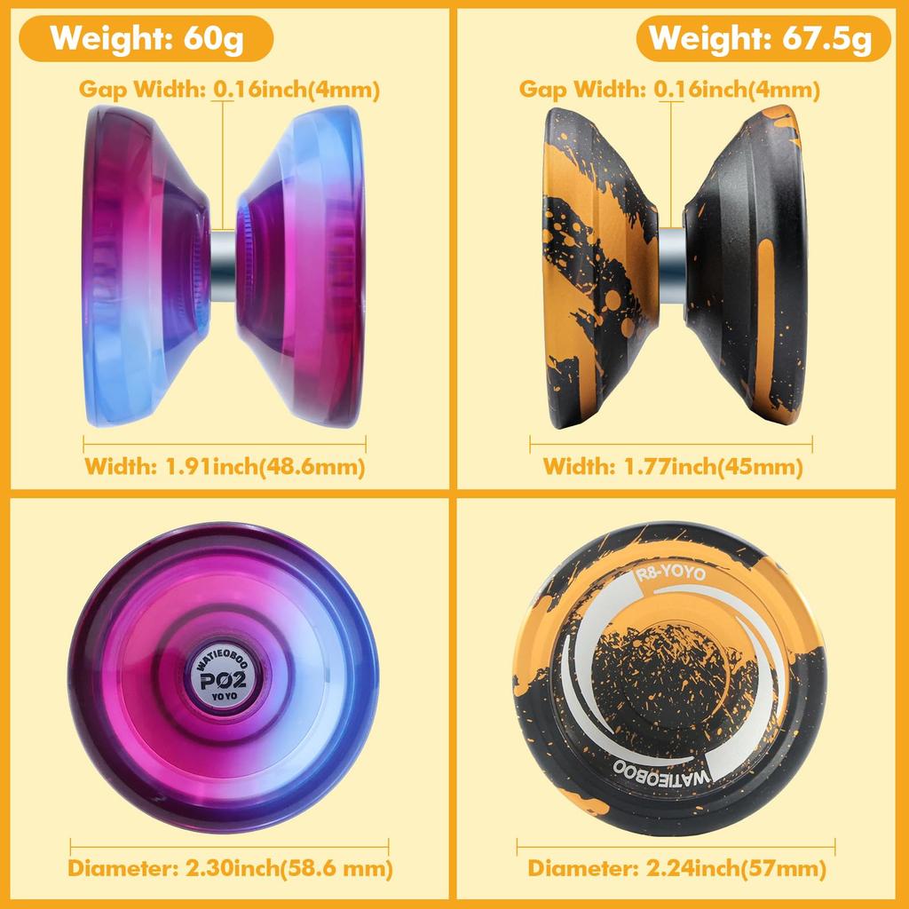 WATIEOBOO Yoyo Set Metal Yoyo and P02 Yoyo and for and Complete Kit 2-Piece (R8 Two-Color Yoyo) Dual-Mode (Reactive Non-Reactive) Kids, Beginners,