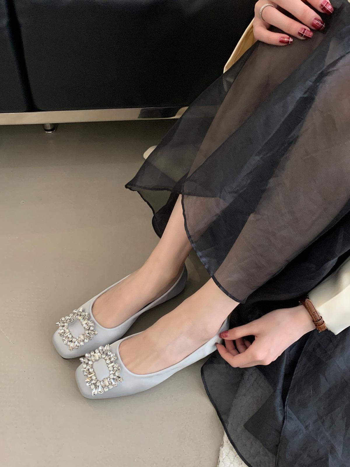 Satin rhinestone square buckle Mary Jane spring and autumn square head grandma shoes single shoes flat beanie shoes ladyshoes 35 серый