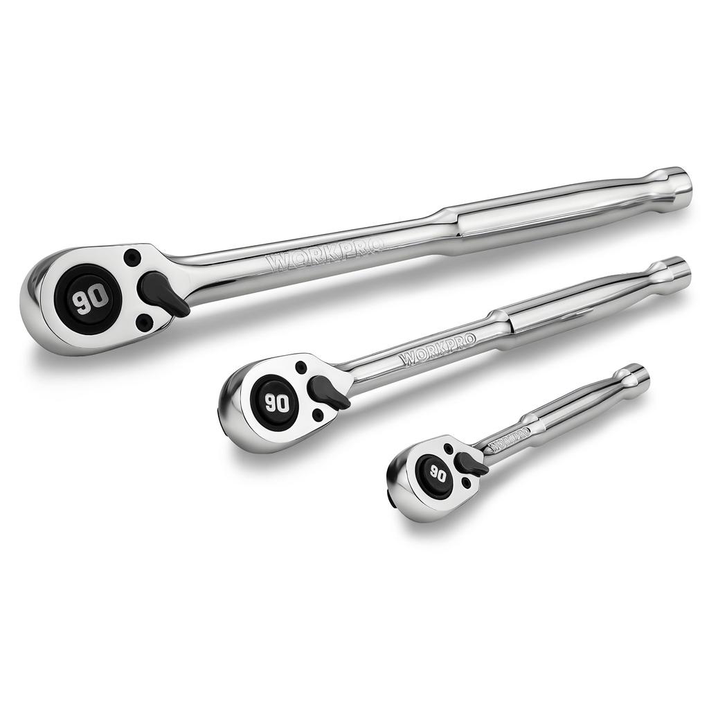 WORKPRO Ratchet Handle Slim Ratchet Wrench Drive Easy Direction Quick Release for Tightening and Loosening and Car Machinery DIY Set, Design, 3-Piece