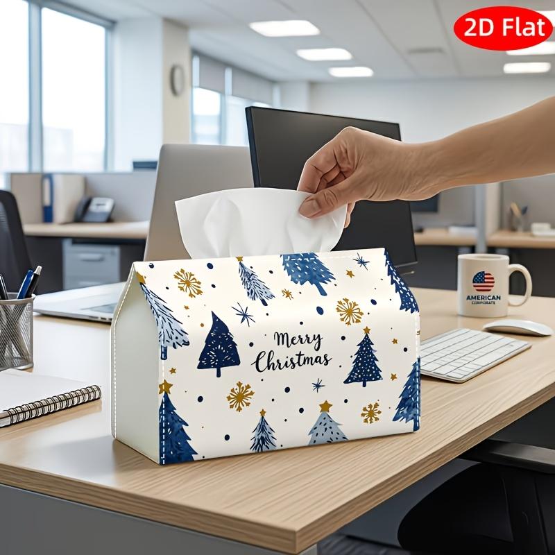 2D Flat, 1pc Tissue Box, Printed On Both Sides, Christmas Tree Tissue Box Holder Multifunctional Durable Polyester Storage Organizer with Blue Christm