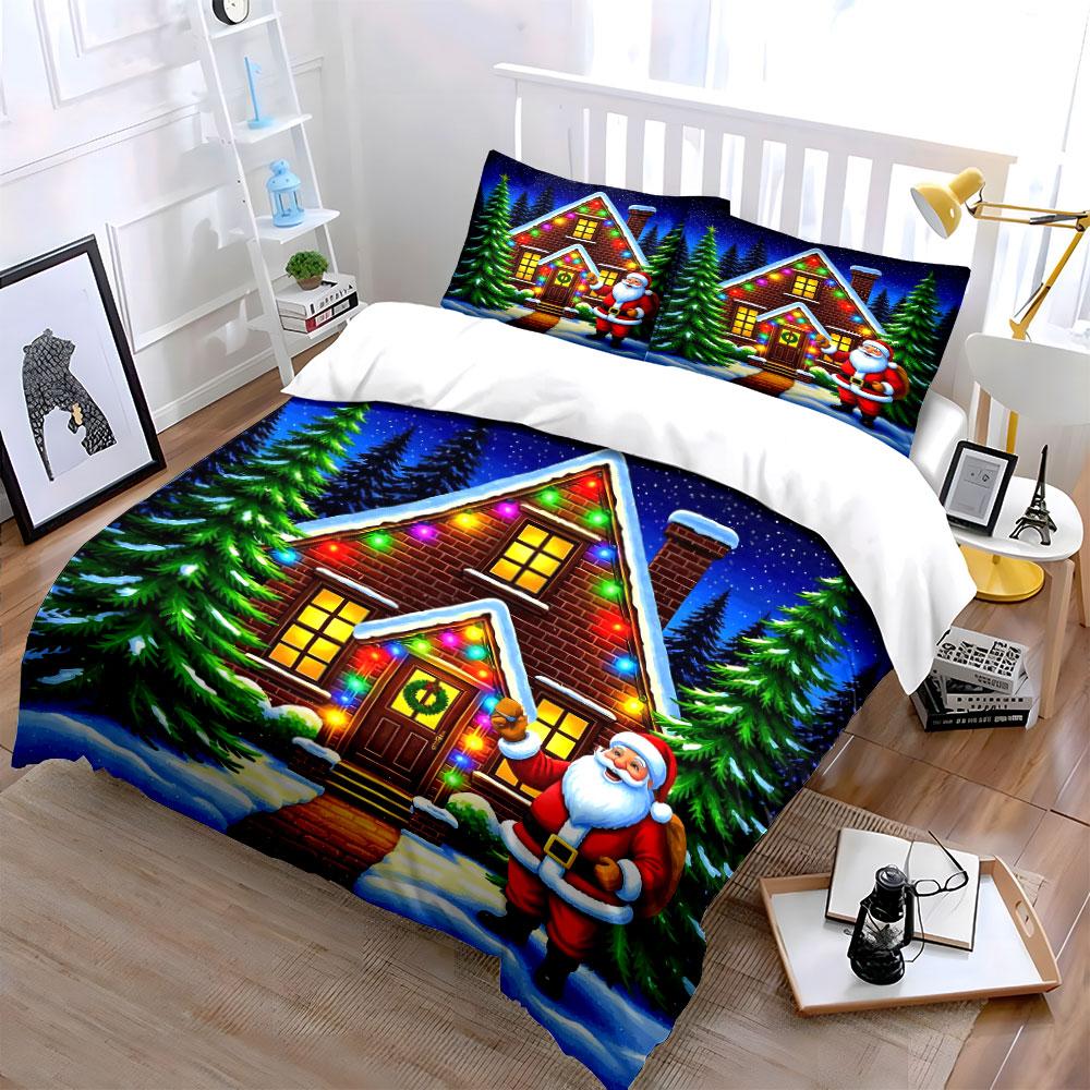 Santa and Festive Holiday House Bedding Duvet Cover Set Duvet Cover Pillowcases (1*Duvet Cover 2*Pillowcases, without duvet insert)