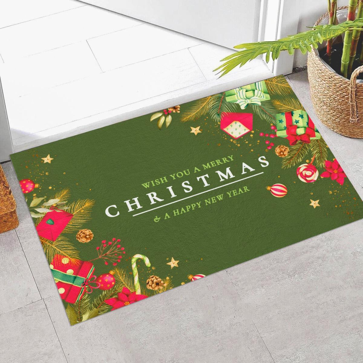 

Merry Christmas Ball Plant Green Carpet Party Living Room Sofa Bedroom Bedside Study Entrance Door Rug Non-slip Cute Decor Mat 40x60cm