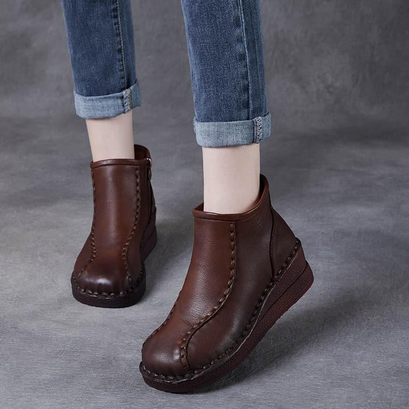 Johnature Retro Soft Soled Wedges Short Boots Genuine Leather Women's Shoes Round Toe Plush Cotton Boots