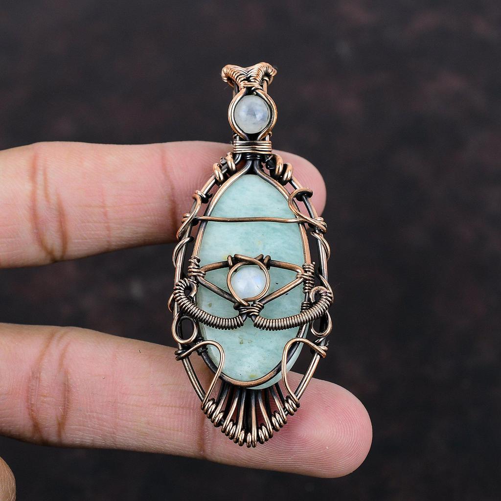 Evil Eye Amazonit Anhänger Kupferdraht gewickelt Anhänger Evil Eye Schmuck Regenbogen Mondstein Edelstein Anhänger Handarbeit Kupfer Schmuck als Geschenk