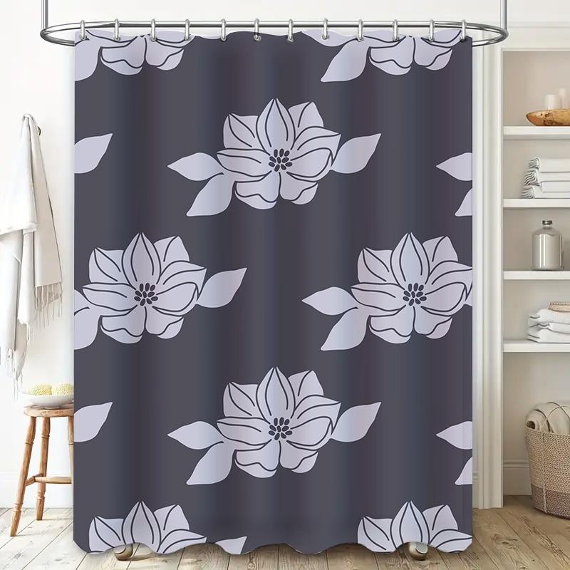 Stylish Gray Floral Print Bath Curtain For Modern Bathroom Decor Shower Curtain Set With Rod Pocket, 72 X 84 Inches
