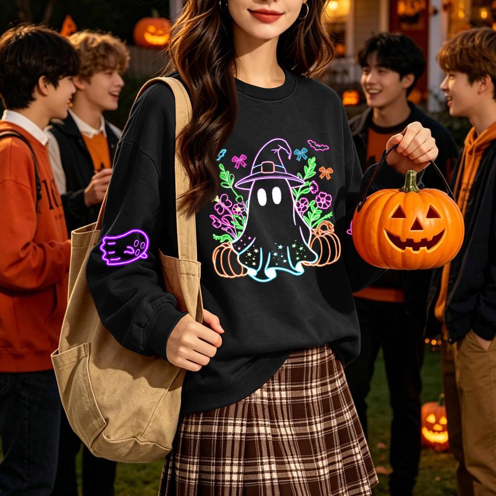 Women's Long Sleeve Halloween Print Neck Sweatshirt Top for Fall Festive Wear