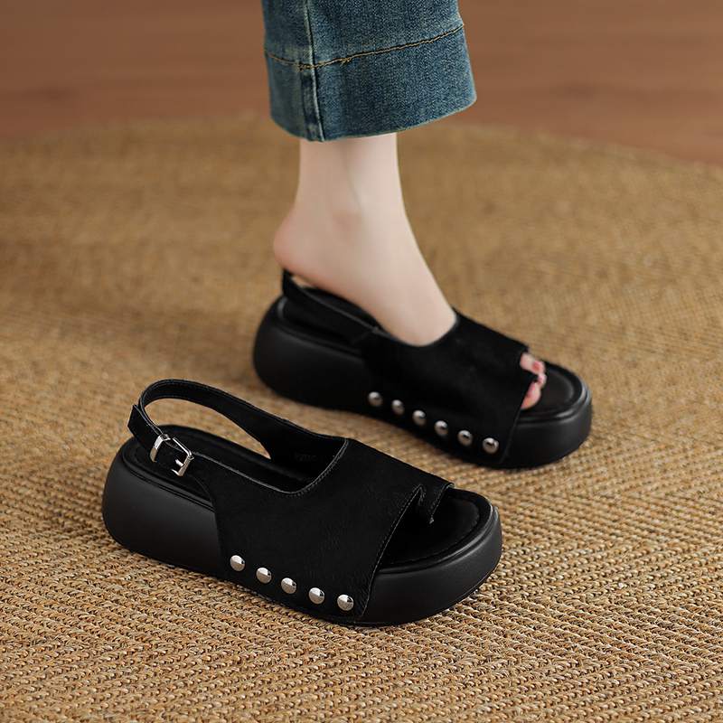 Krazing Pot Horsehair Natural Fur Summer Size 42 European Design Thick Bottom Flat Platform Women Superstar Peep Toe Sandals