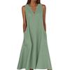 Women's Sleeveless V-Neck Button Front A-Line Dress with Side Pockets in Multiple Colors