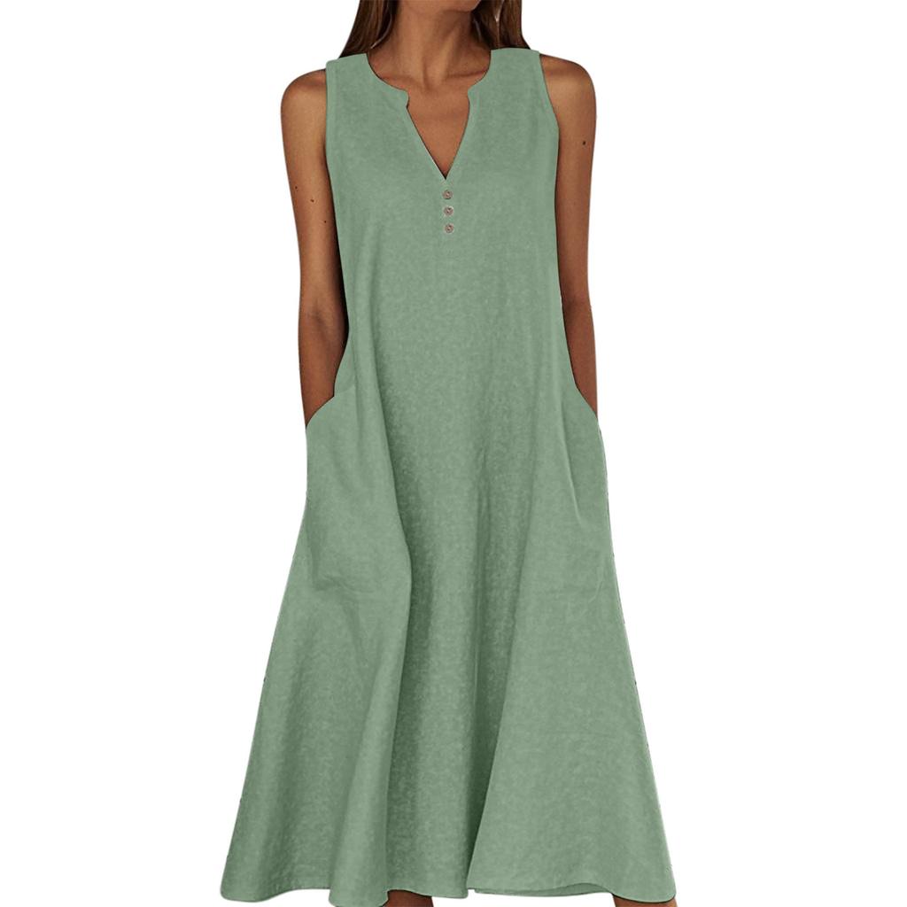 Women's Sleeveless V-Neck Button Front A-Line Dress with Side Pockets in Multiple Colors