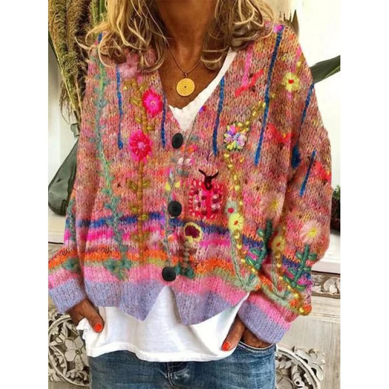 Womens Christmas Print V-Neck Open Front Cropped Long Sleeve Knit Sweater Loose Fit Casual Style